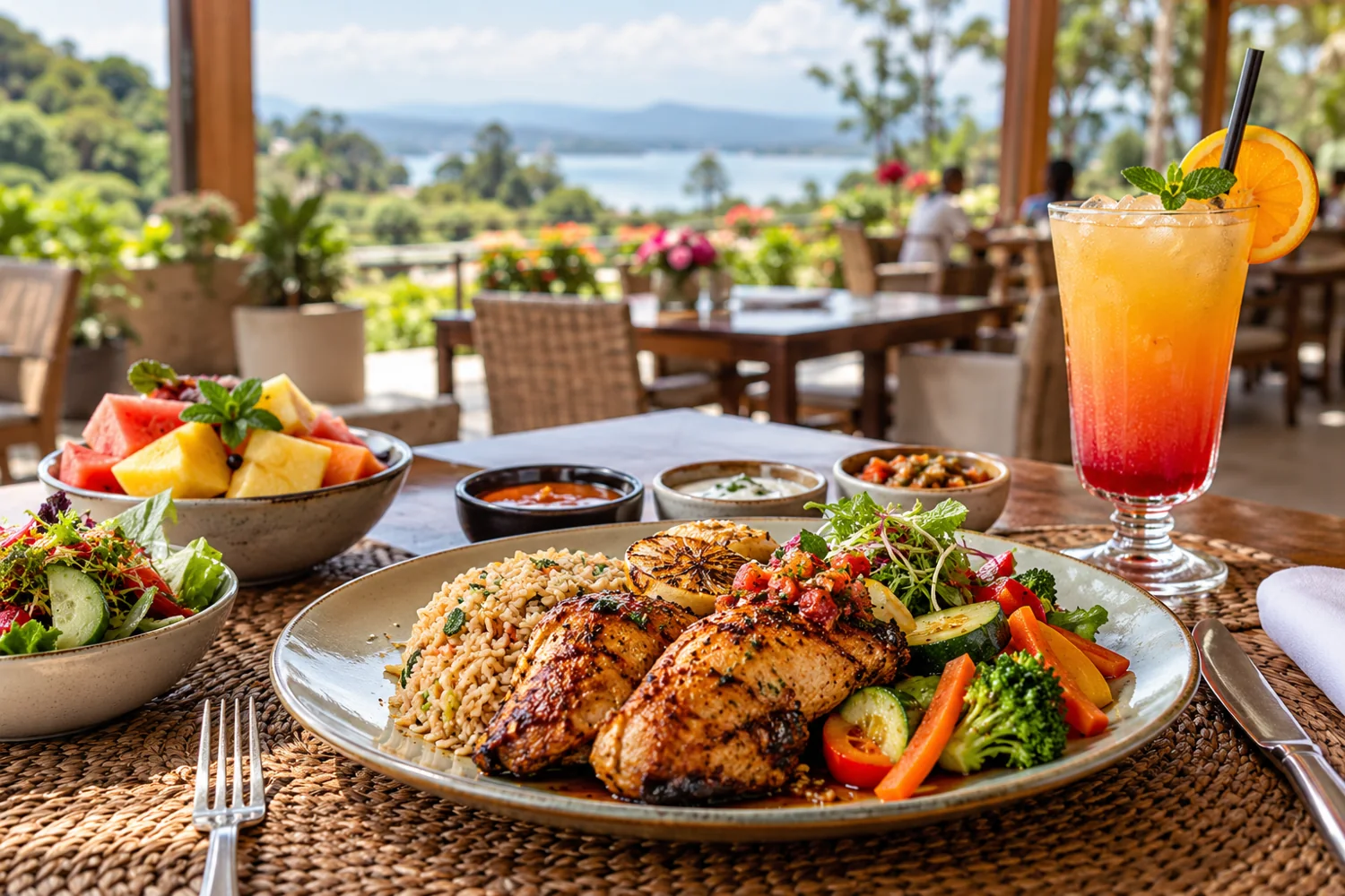 A colourful resort meal with grilled food, fresh vegetables and fruit